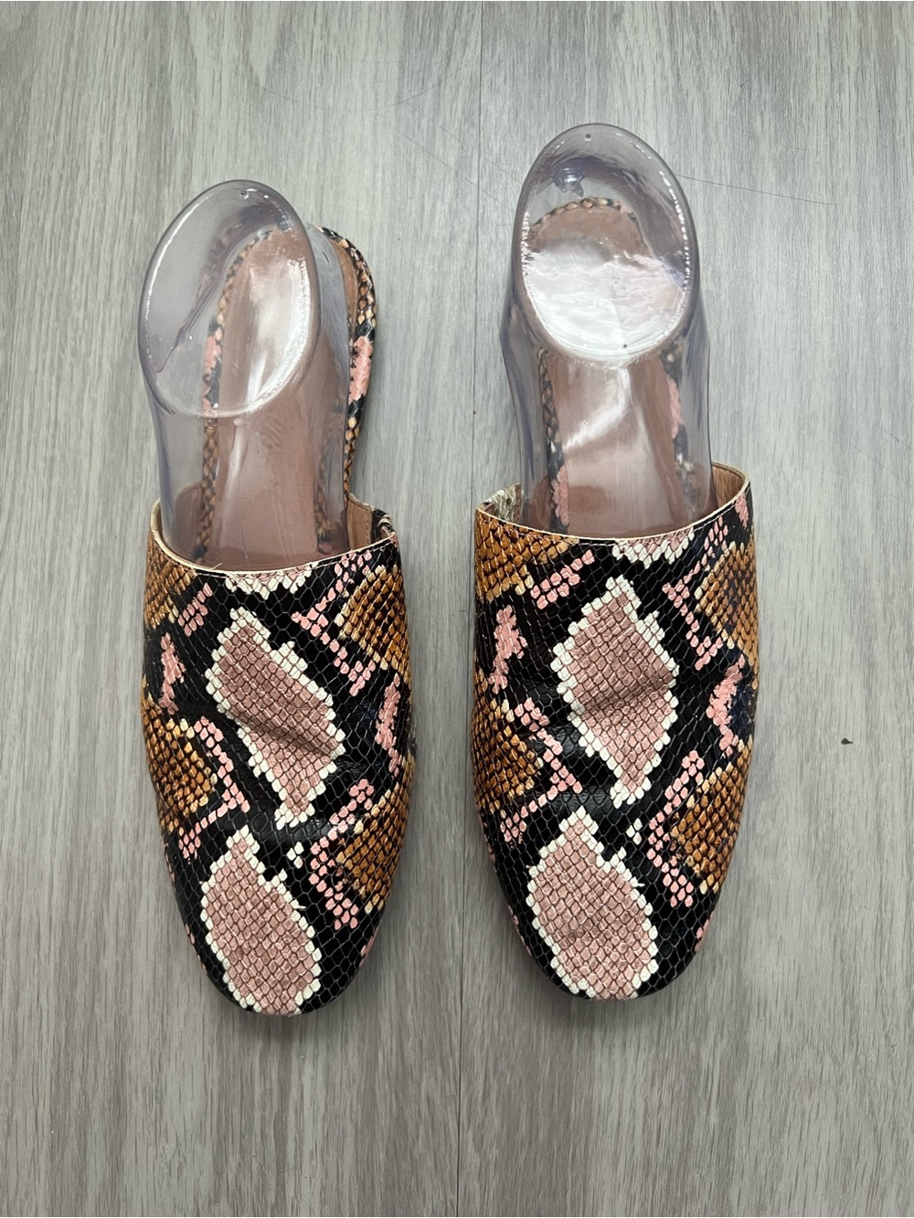Madewell Snakeskin Print Mules Size 9.5 Pink Brown Pointed Toe Slides